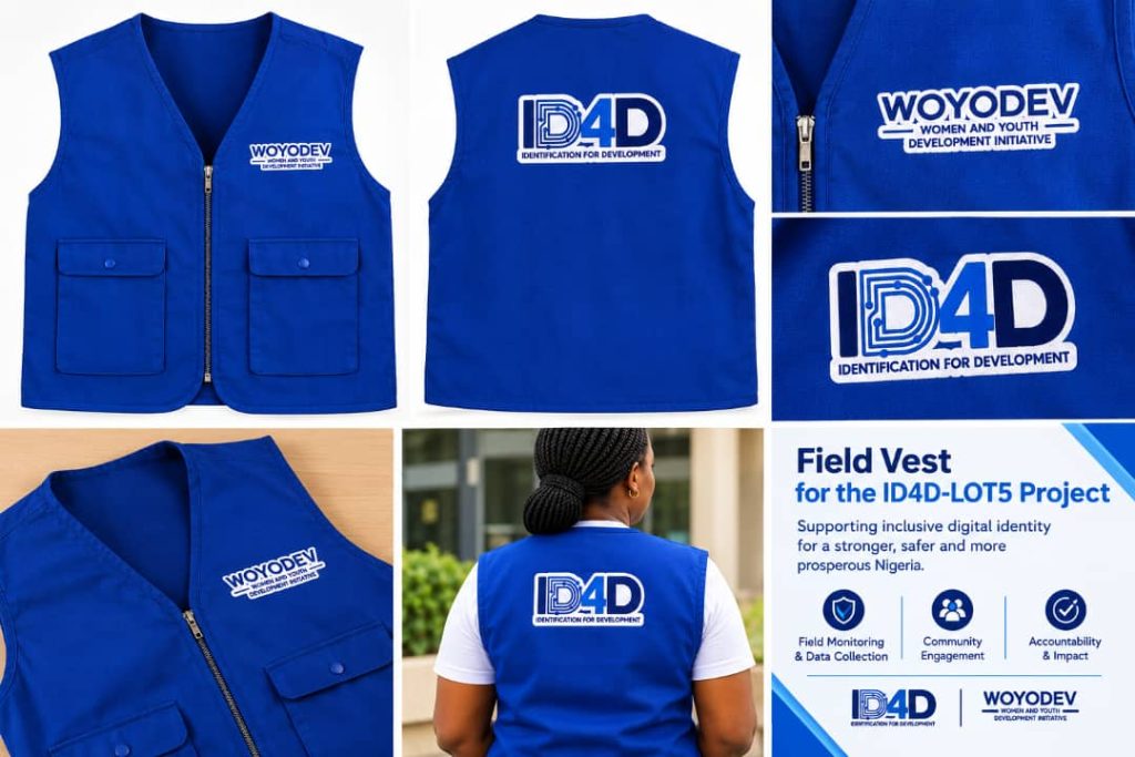 WOYODEV ID4D field vest for the Third-Party Monitoring assignment in Bayelsa and Cross River States.